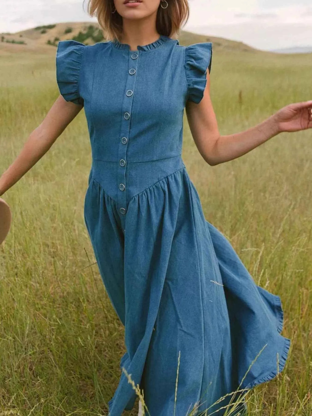 Ruffled Cap Sleeve Denim Dress 18c41322-f7c9-4f5d-bbf1-89bcf11d28d9-Max-Origin