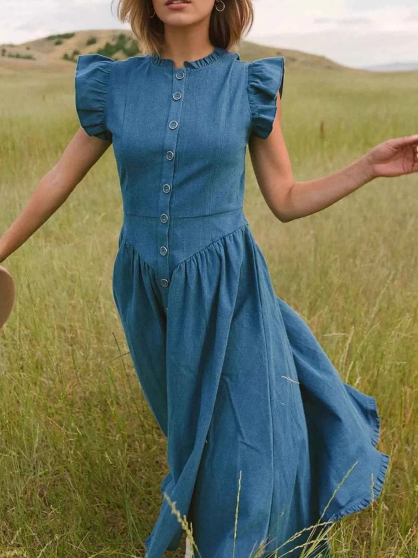 Ruffled Cap Sleeve Denim Dress 18c41322-f7c9-4f5d-bbf1-89bcf11d28d9-Max-Origin