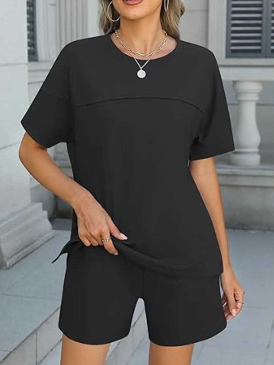 Round Neck Short Sleeve Top and Shorts Set 18cb6708-c983-4938-a86f-963d4a41218a-Max-Origin