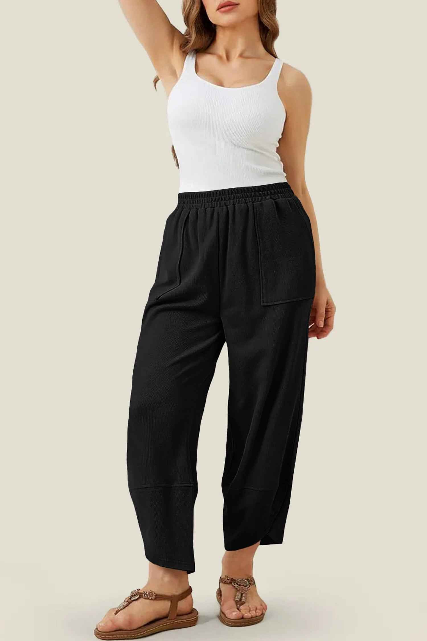 Black Plus Size Elastic Waist Asymmetrical Hem Loose Capris Pants 18cca27f9b6bee70