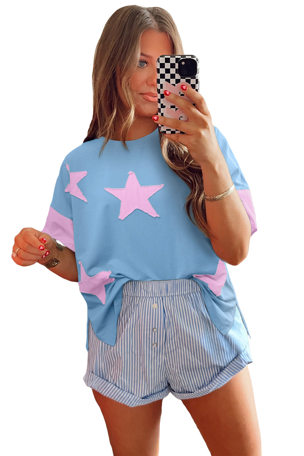 Myosotis Frayed Star Patched 4th of July Oversize T Shirt 18cca4048ad4c6d1