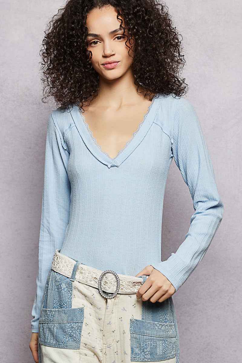 POL V-Neck Long Sleeve Ribbed Top with Lace-Accent Neckband 18d19d24-0327-42a3-b9e5-4b6a2be2e2e5-Max