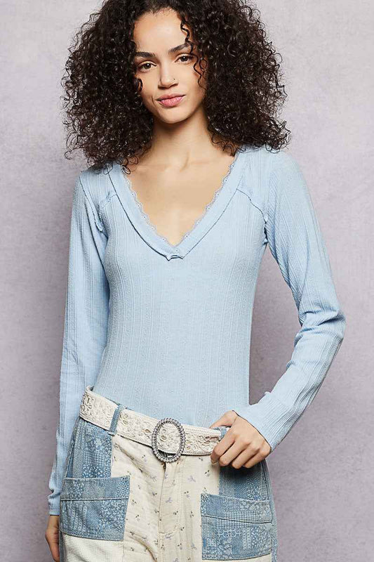 POL V-Neck Long Sleeve Ribbed Top with Lace-Accent Neckband 18d19d24-0327-42a3-b9e5-4b6a2be2e2e5-Max