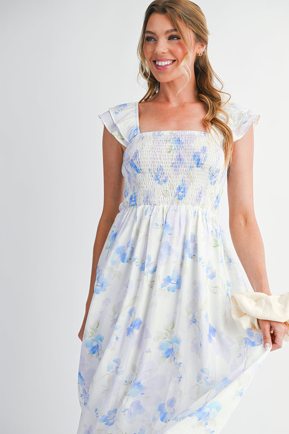 Sky Blue Floral Smocked High Waist Ruffle Sleeveless Long Dress 18d2439472bf7818