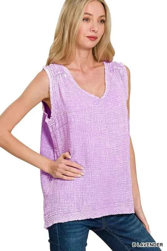 Zenana Double Gauze Raw Edge Acid Washed Tank 18d8367729b34e5e8bdb80e14d6f7bf4-Max-Origin