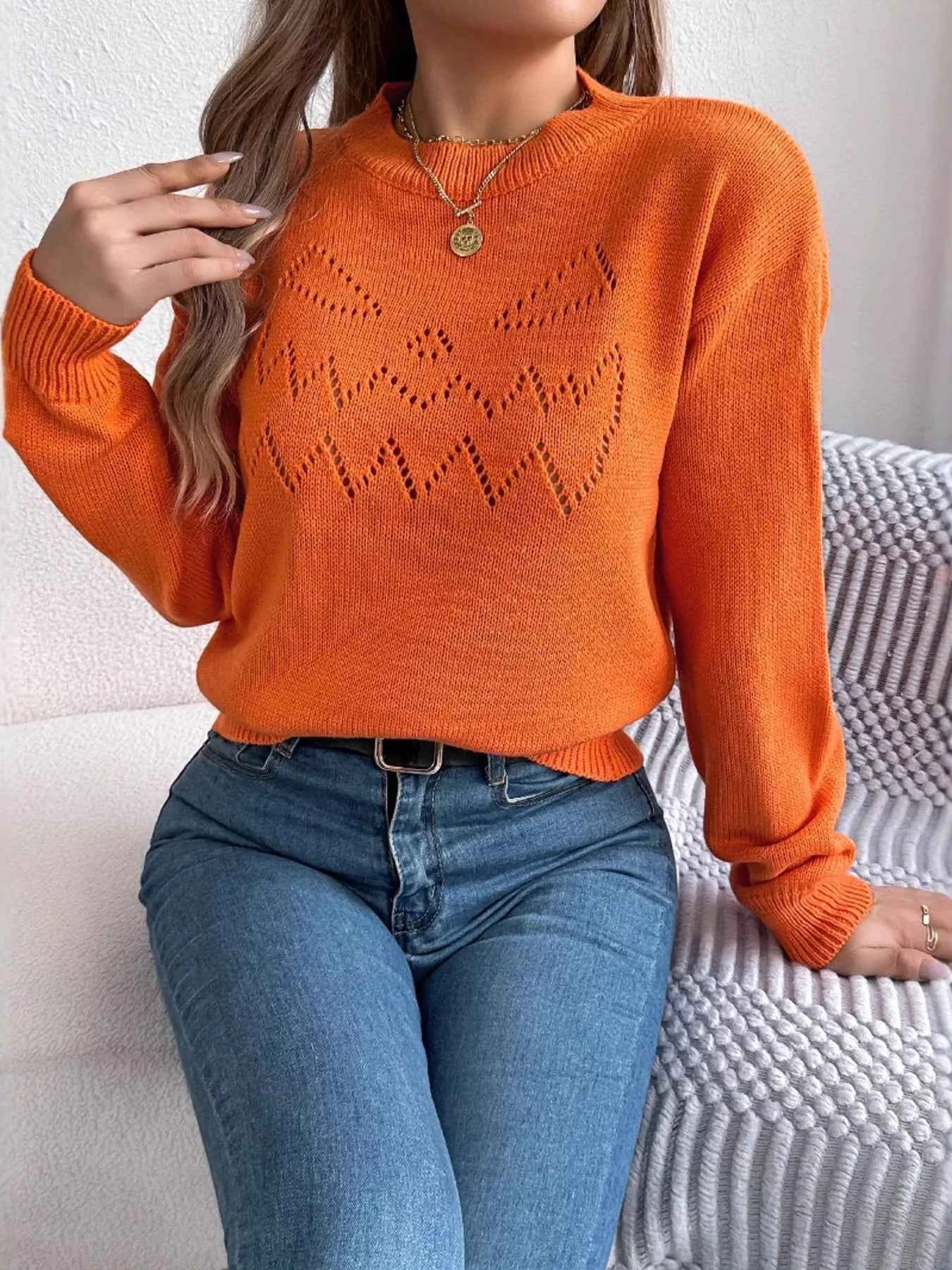Openwork Round Neck Long Sleeve Sweater 18da6b3f09914980921a4ec36e431b86-Max-Origin