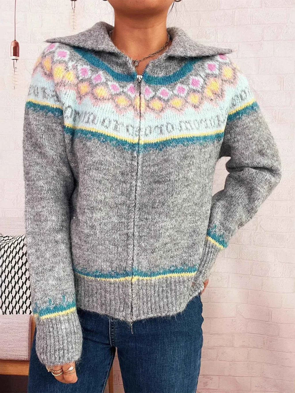Fair Isle Pattern Zip-Up Cardigan 18dbbdb33644437c9915254116989fad-Max-Origin