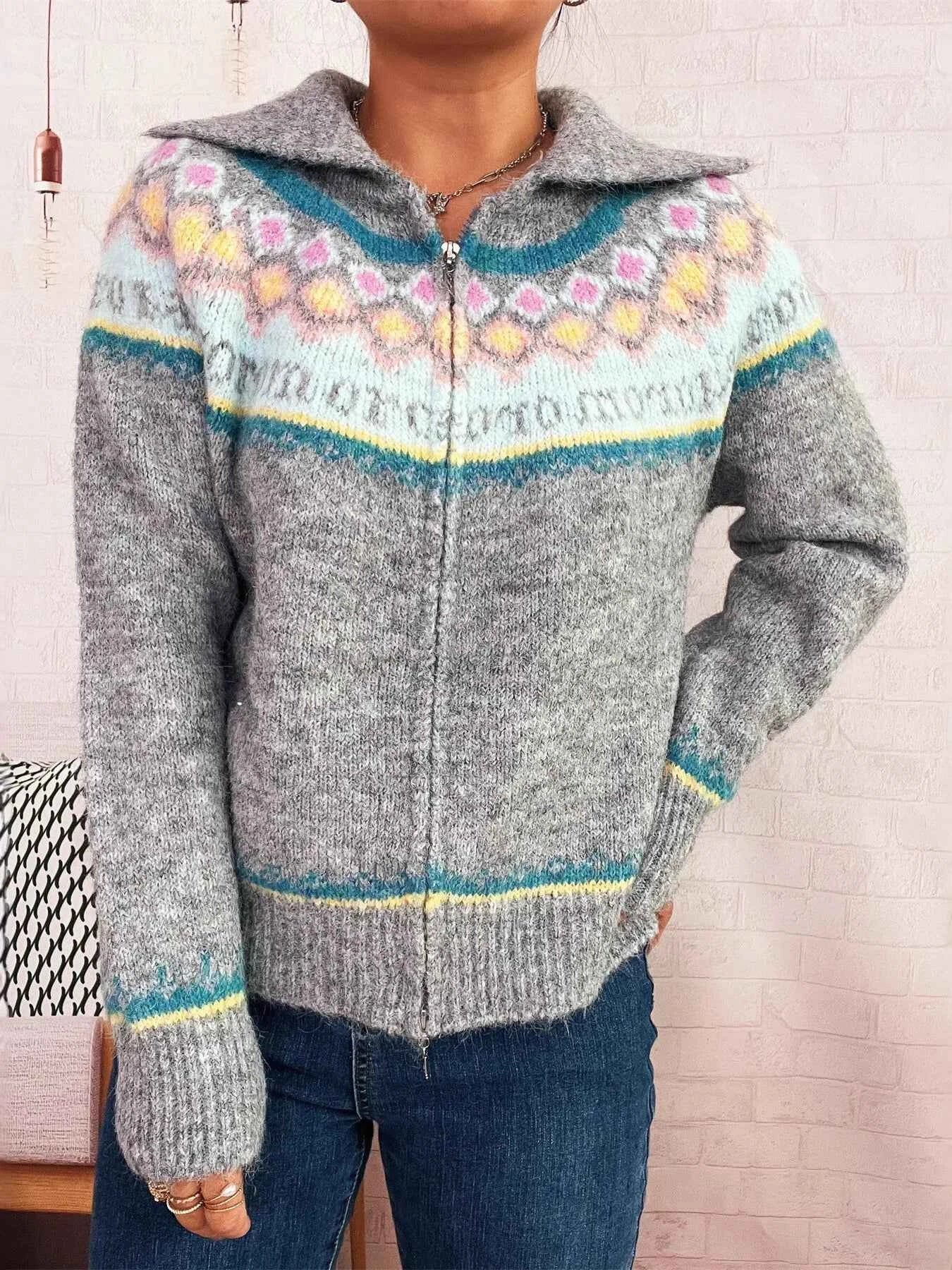 Fair Isle Pattern Zip-Up Cardigan 18dbbdb33644437c9915254116989fad-Max-Origin