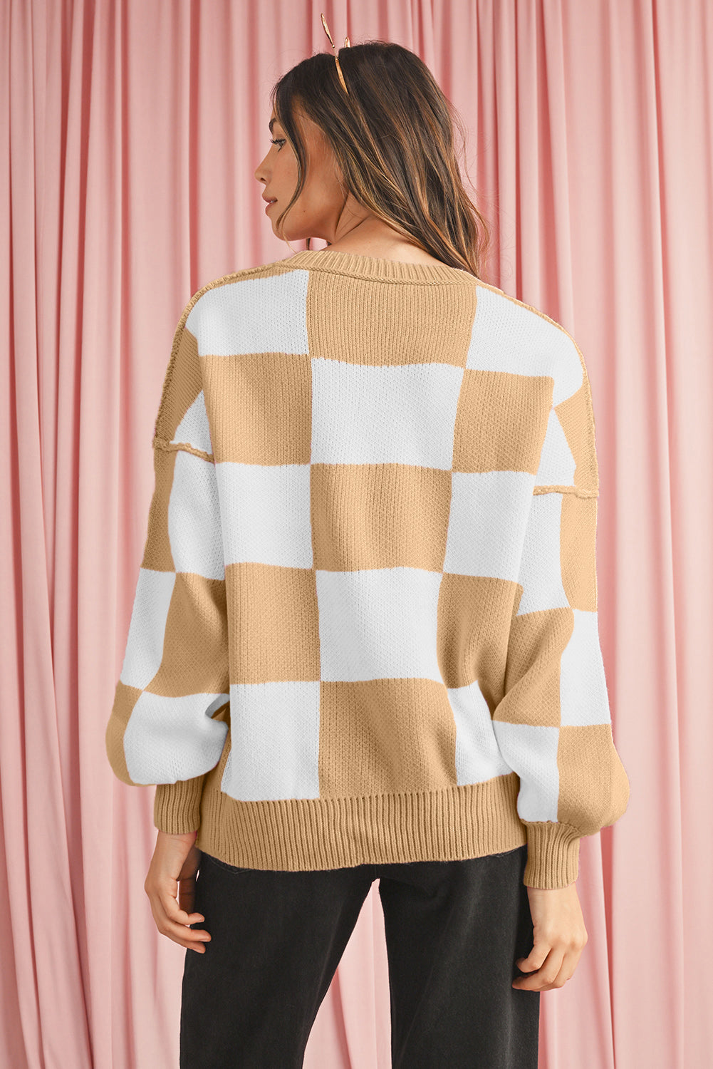 Orange & White Plaid Exposed Seam Bishop Sleeve Sweater 18dbc67a0b542baa