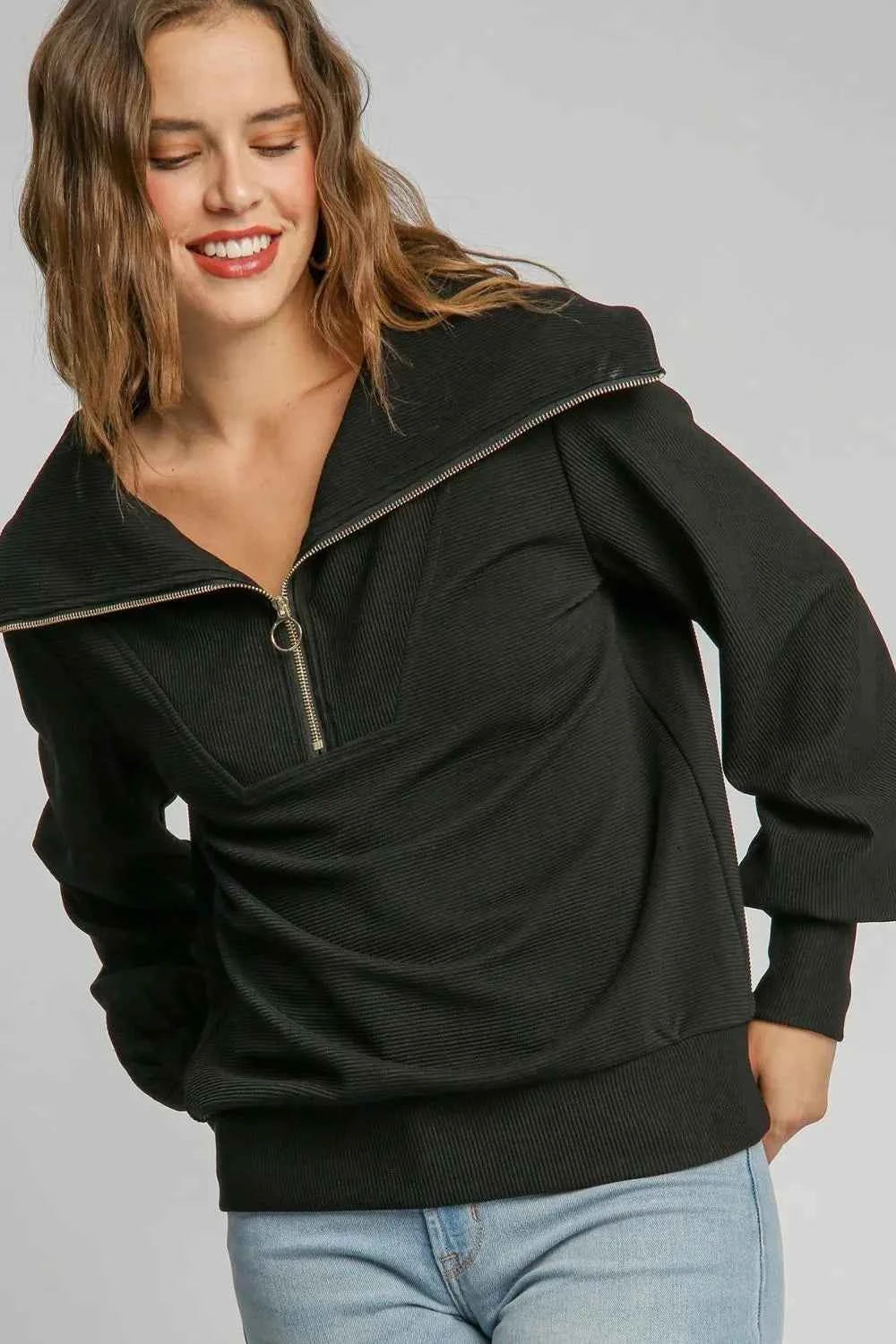 Umgee Full Size Ribbed Knit Half Zipper Sweatshirt Plus Size 18e139e3-b1f9-48a7-a968-c64e3907962a-Max