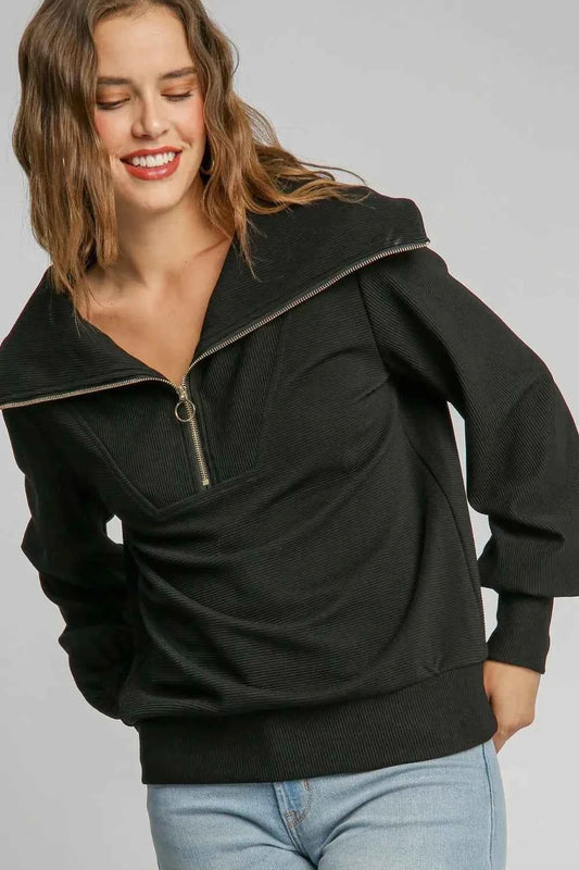 Umgee Full Size Ribbed Knit Half Zipper Sweatshirt Plus Size 18e139e3-b1f9-48a7-a968-c64e3907962a-Max