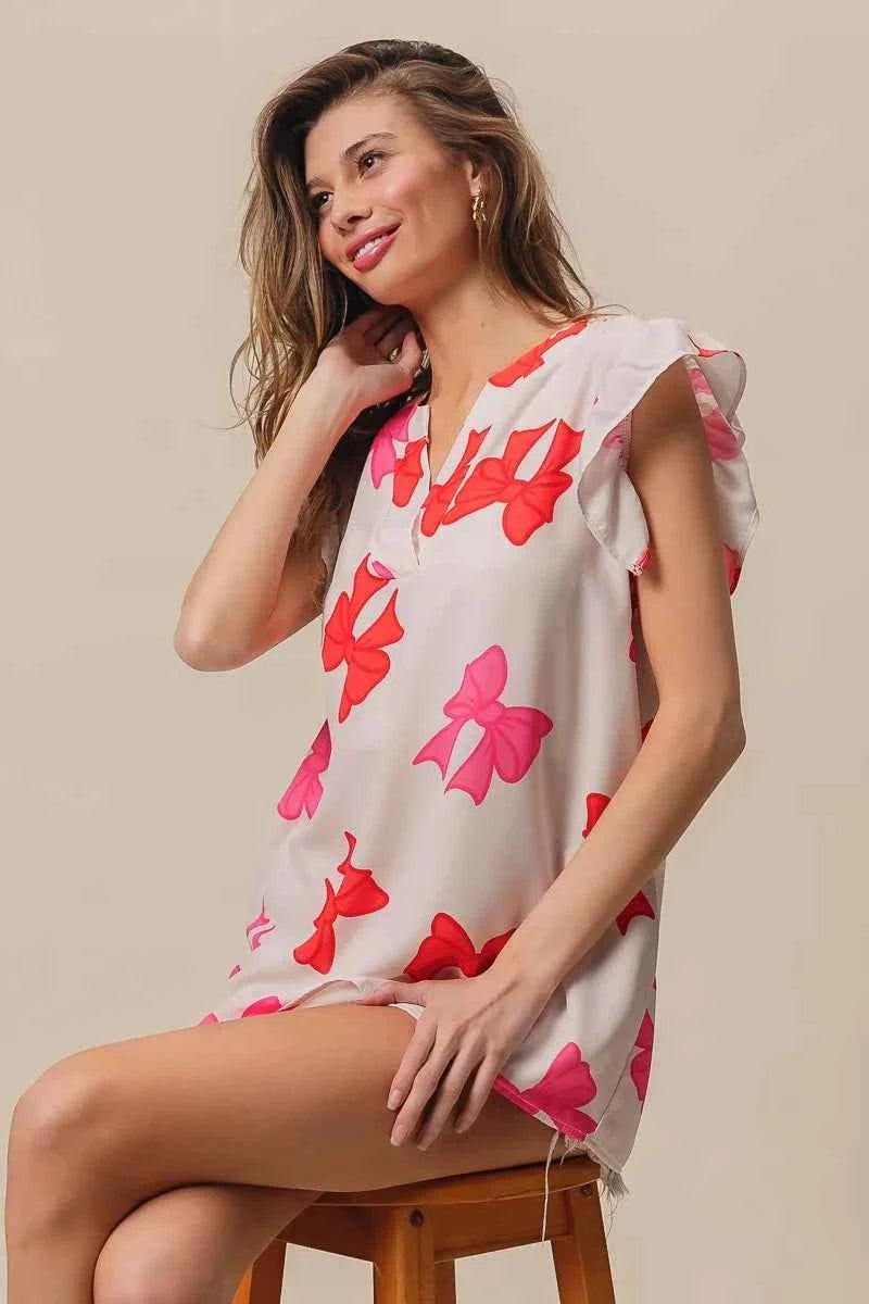 Bow Printed Woven Ruffled Sleeves V Neck Top 18e5c4e030a14dc98881c8755249f362-Max-Origin