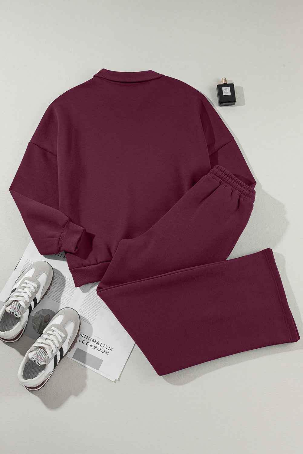 Burgundy Drop Shoulder Zip Up Jacket Drawstring Pants Active 2pcs Set 18e70486b0191d41