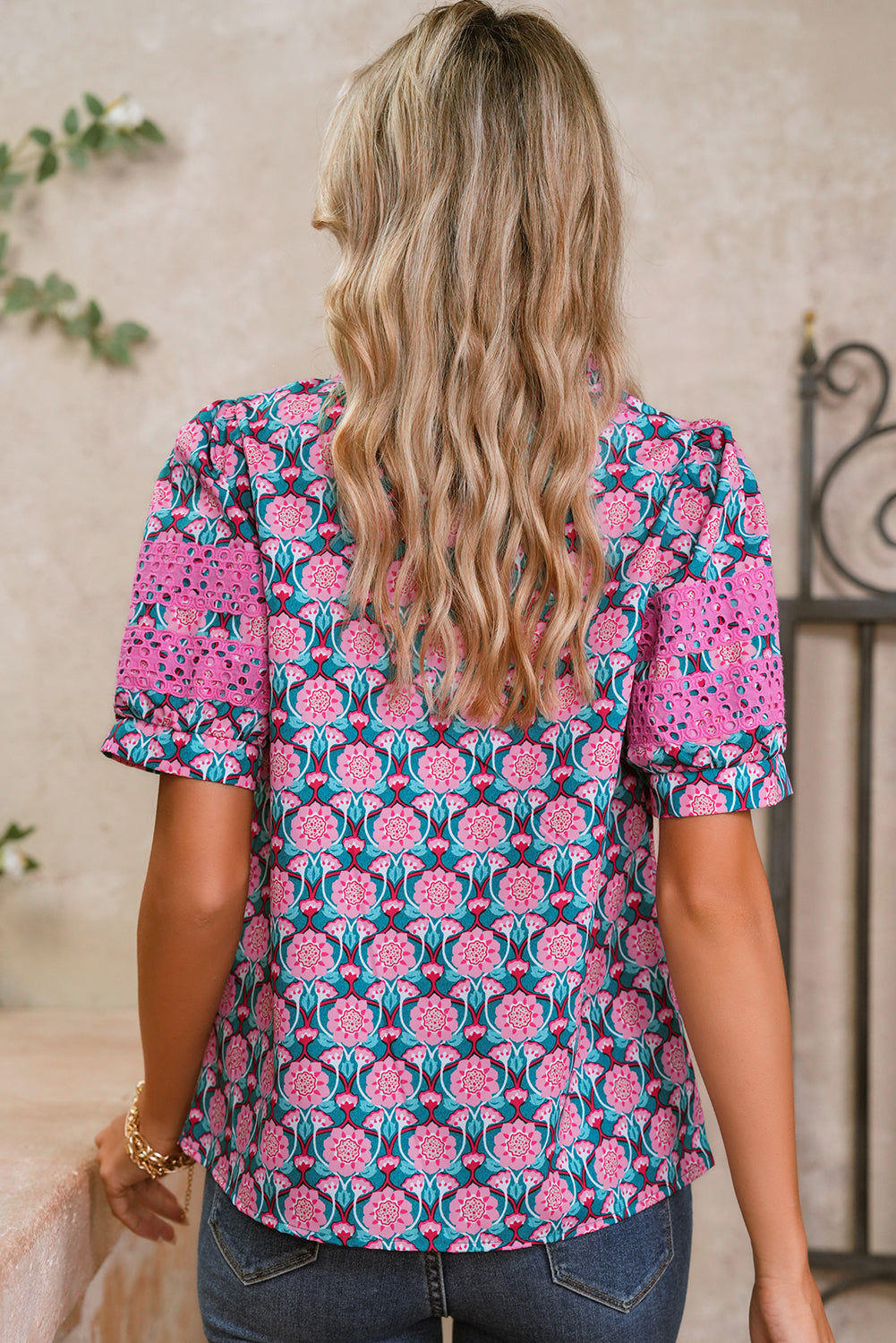 Sachet Pink Frill V-Neck Abstract Print Puff Sleeve Top 18e9f5047a3b3609