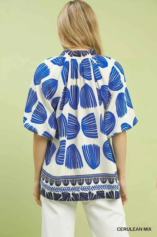Shell Block Border Print Puff Sleeve Blouse 18ede71b-85d9-434a-9dc9-6bbe18427544-Max-Origin