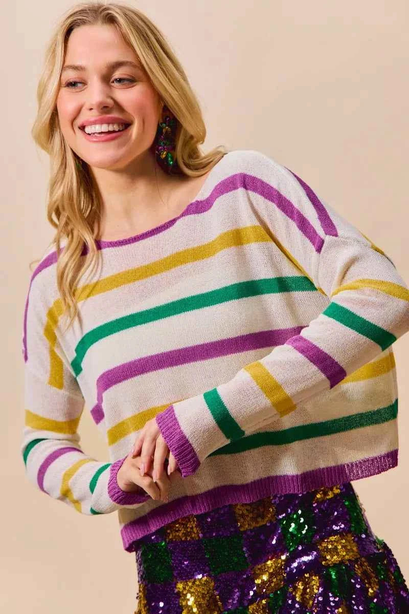 SO ME Mardi Gras Color Stripe Lightweight Sweater Top 18f6d24eddf5465a8f3a19db3e9d1af3-Max-Origin