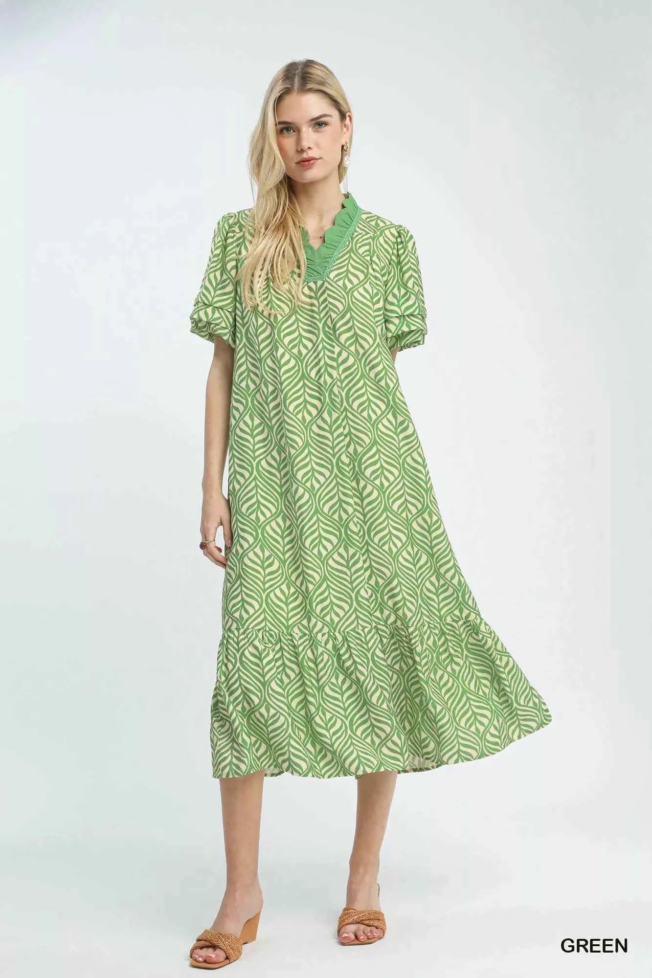 Umgee Leaf Print Ruffle Neck Midi Dress 18f8033a-4f4e-4814-a985-d29b38c53602-Max-Origin