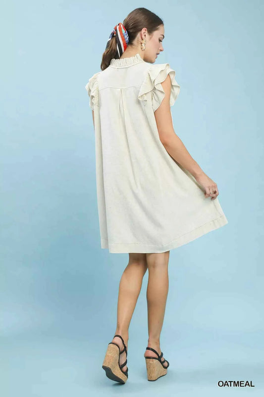 Linen Flutter Sleeve Shift Dress with Pockets 18f8df16-5b2c-4bfc-bbe8-64ddcabe3157-Max-Origin
