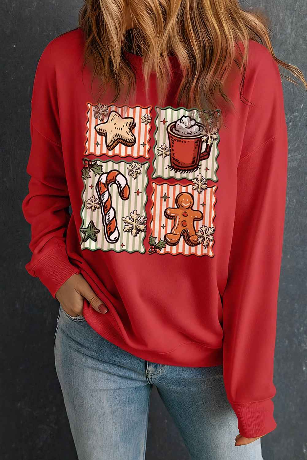 Red Christmas Dessert Time Graphic Heat Transfer Printing Sweatshirt 18fba26ab6f6741f