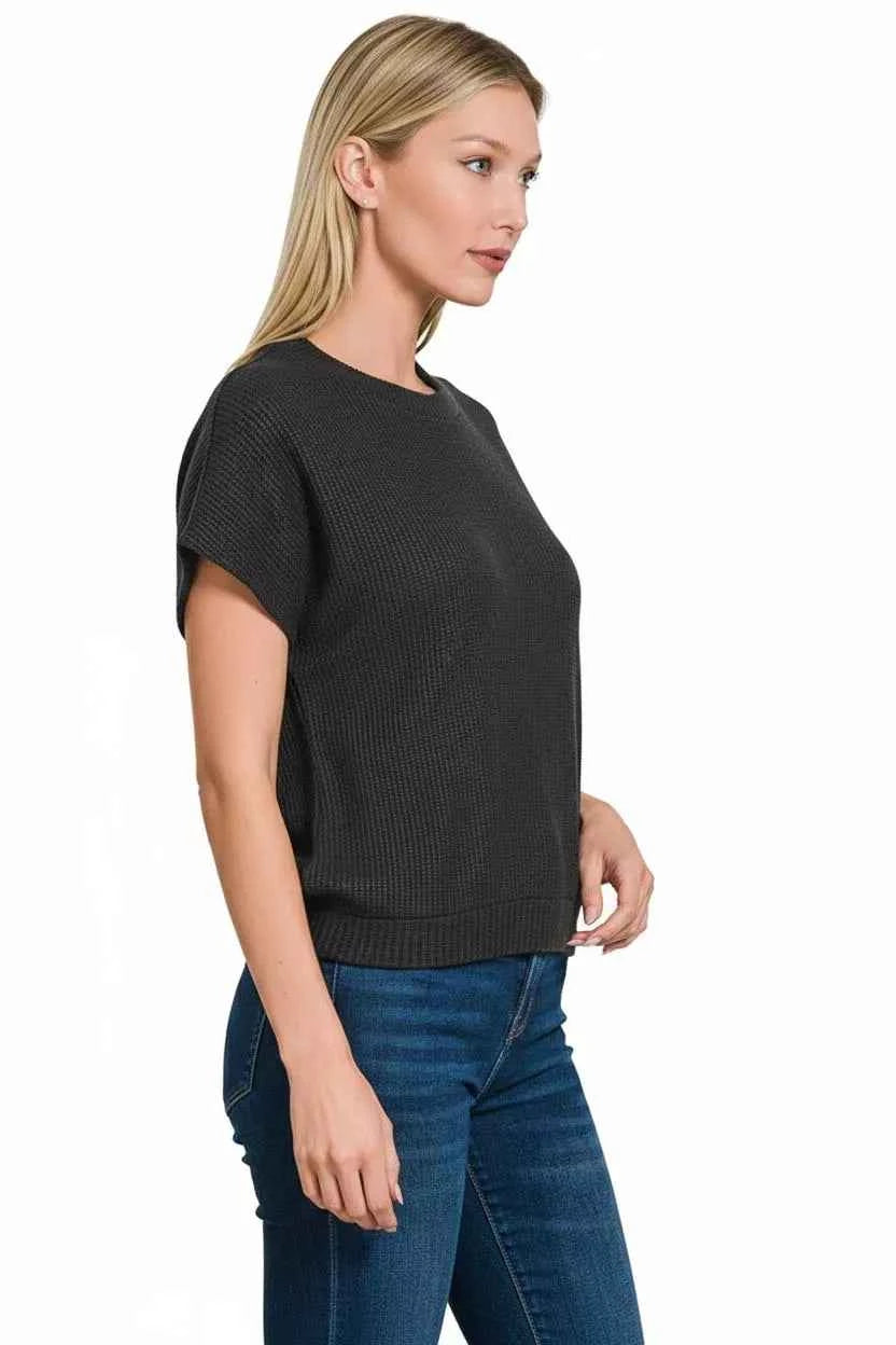 Zenana Round Neck Banded Botton Short Sleeve Sweater 18fff003-f2e5-4ba5-9b47-dce062300ff0-Max-Origin