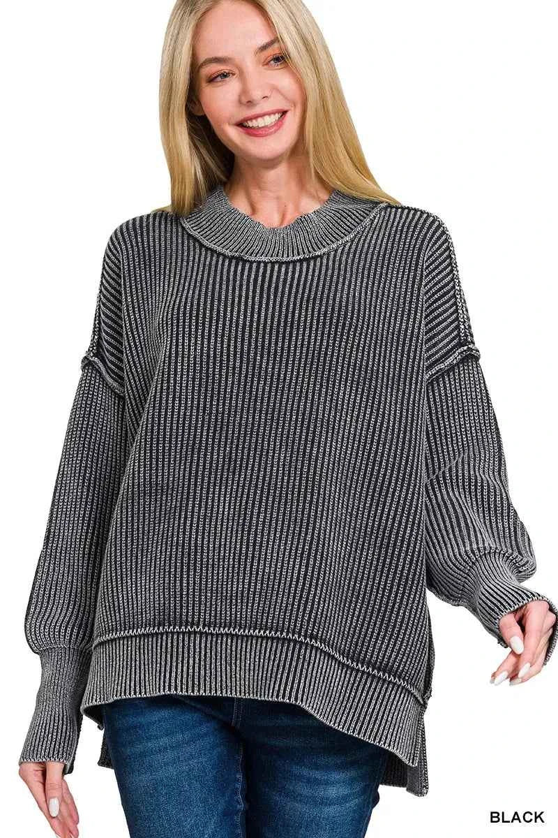 Zenana Washed Side Slit Oversized Sweater BLACK 19005948712a496d9d7c754ff0a68fcd-Max-Origin