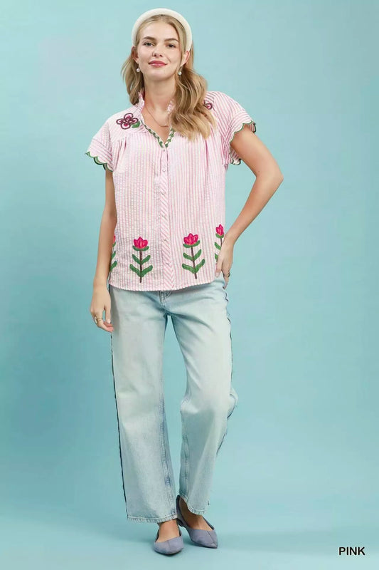 Embroidered Stripe Button Front Top 1900fec8-0da9-4213-b40d-fdf2080e7826-Max-Origin