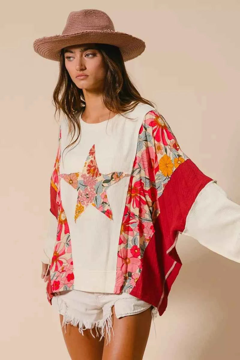 BiBi Floral Print Mixed Star Patch Round Neck Sweatshirt 1903f022016944fbbee4d719e5e22df9-Max-Origin