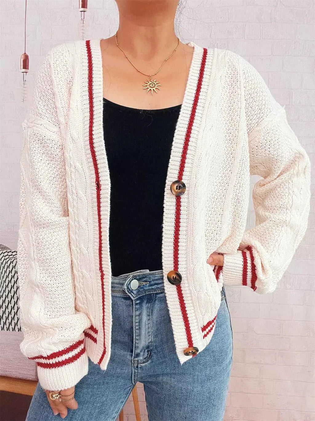 Star Pattern Button-Up Cardigan with Contrast Trim 190797274a714369b287cd2690a7dfb9-Max-Origin