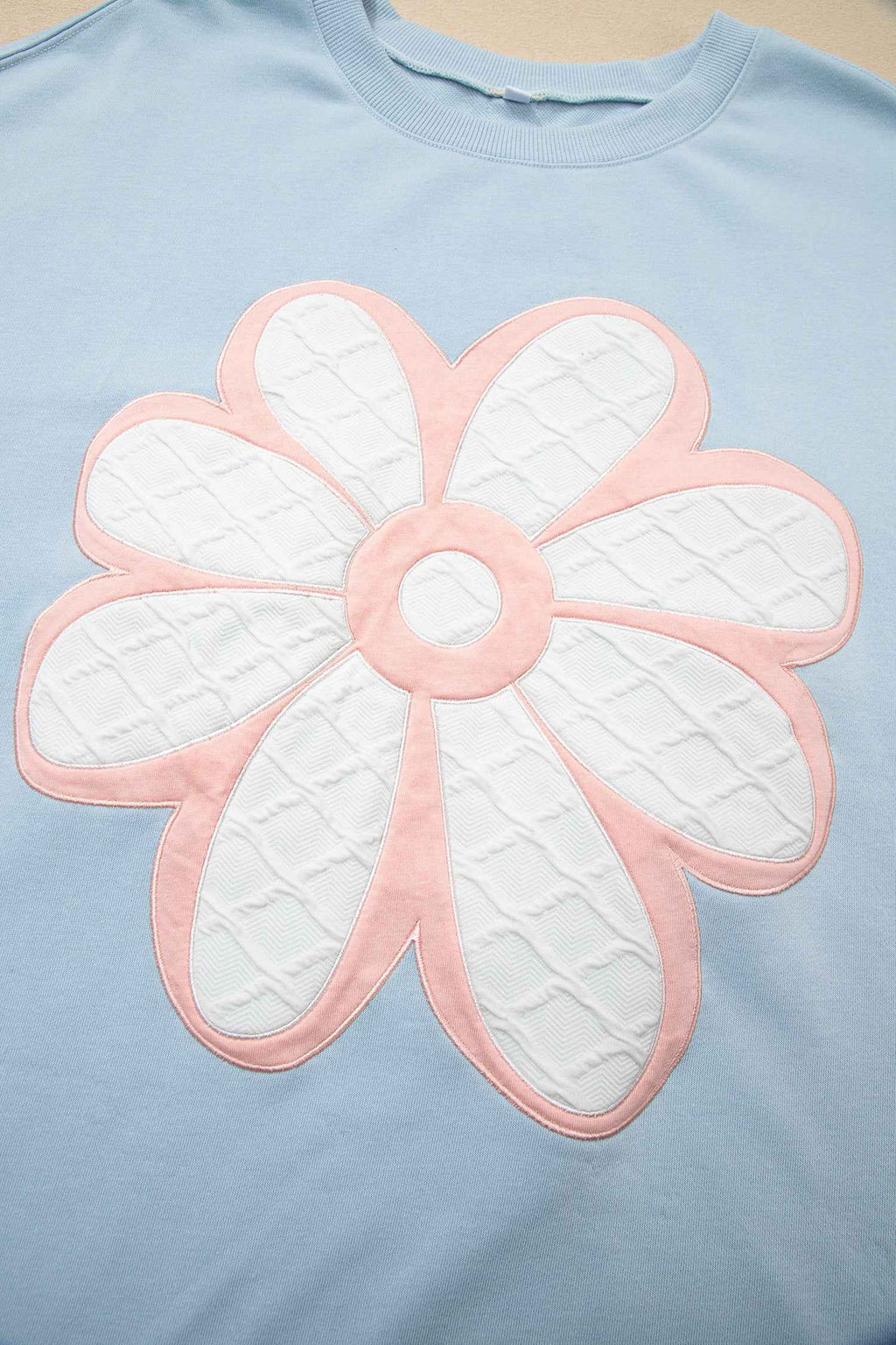 Beau Blue Big Flower Patch Drop Shoulder Striped Long Sleeve Top 1907c0e0d8a367e8