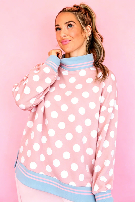 Pink ka Dot Striped Trim Mock Neck Sweatshirt 19082b918849e27a