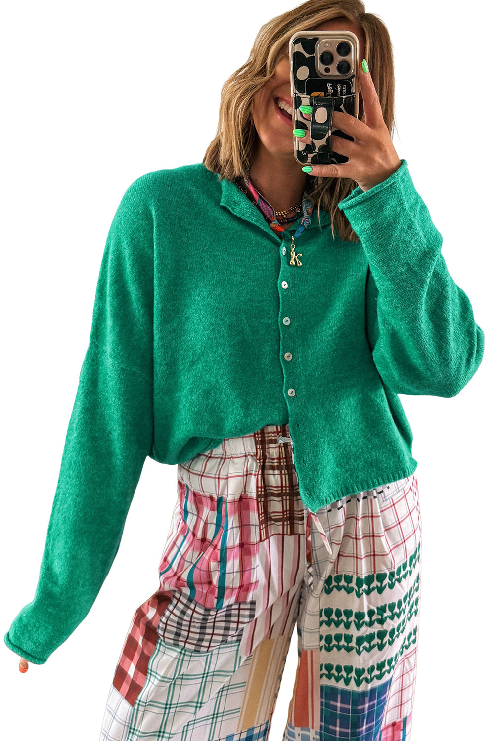 Bright Green Solid Color Button Drop Shoulder Knit Cardigan 190c4eba8a3c2903