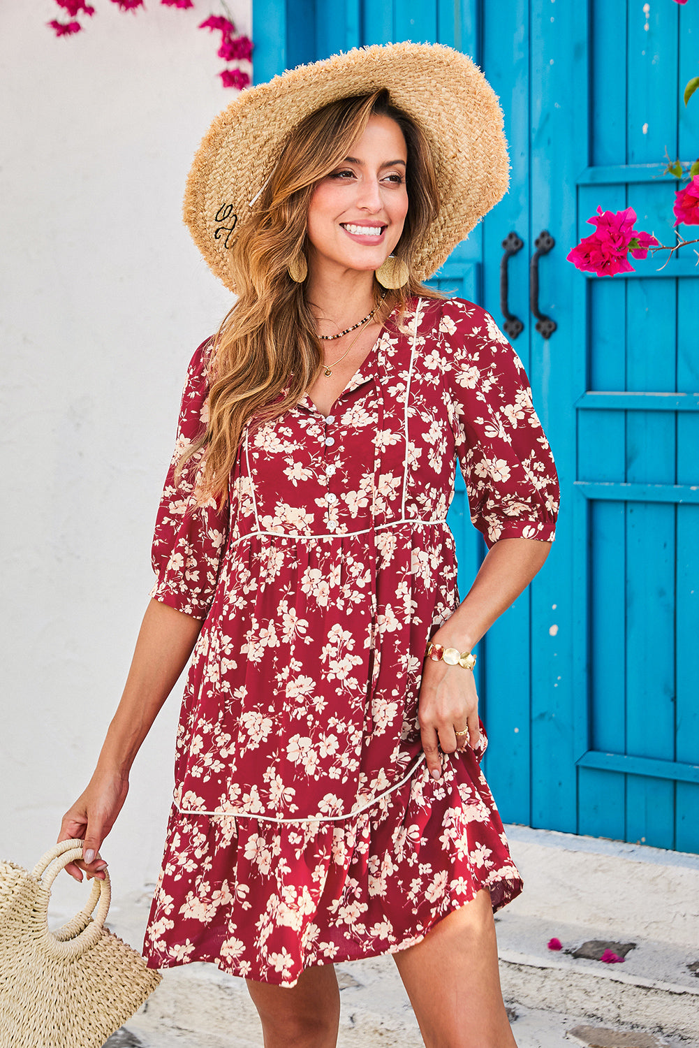 Yellow Floral Print Contrast Trim Button Tie Neck Swing Dress 190cad5f1c52ced1