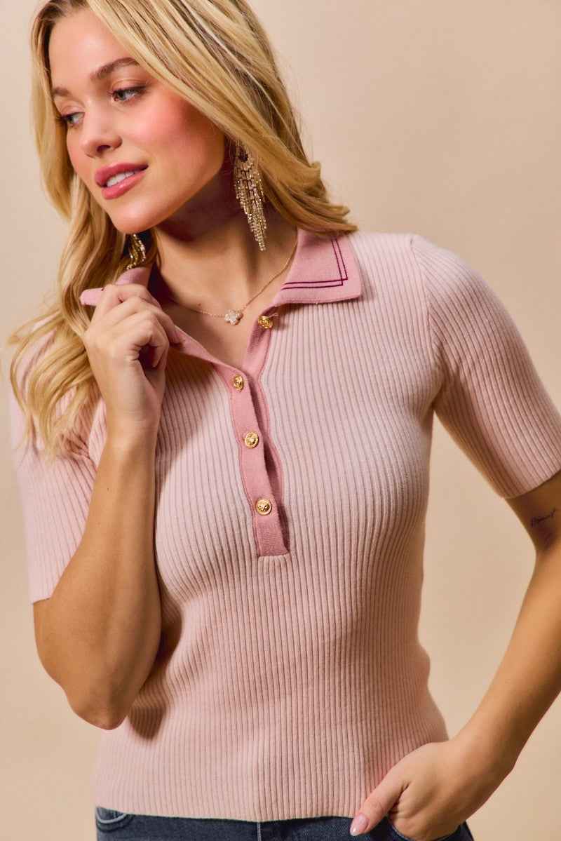 SO ME Contrast Collar Stretchy Rib Knit Short Sleeve Top 19101c45c6724aa18341d499c00ba64a-Max