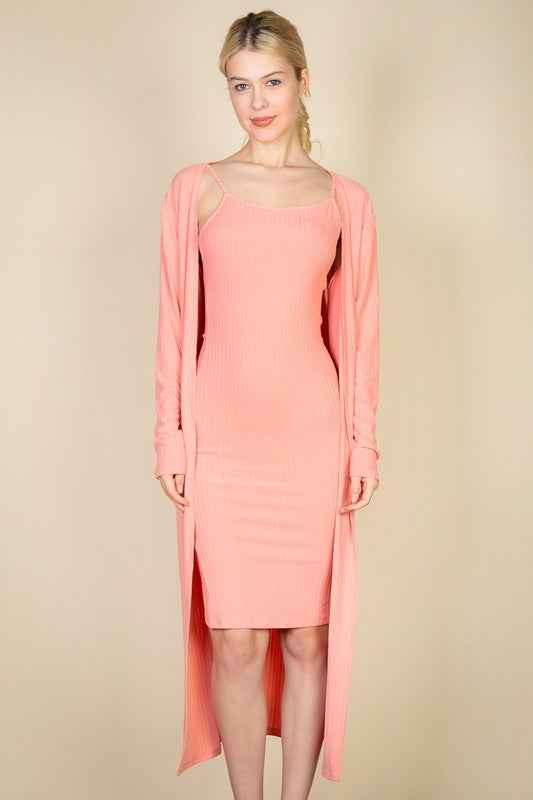 Ribbed Cardigan & Cami Midi Bodycon Dress Salmon 19111698_7d5e4a12-f999-4590-9853-053c22165c99