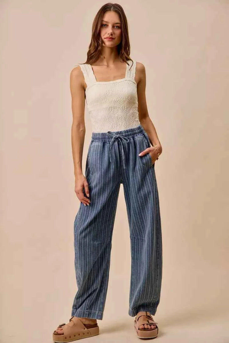 SO ME Stripe Denim Barrel Jeans Drawstring Waistband 1912a714b4c64f19837d699588a97613-Max-Origin