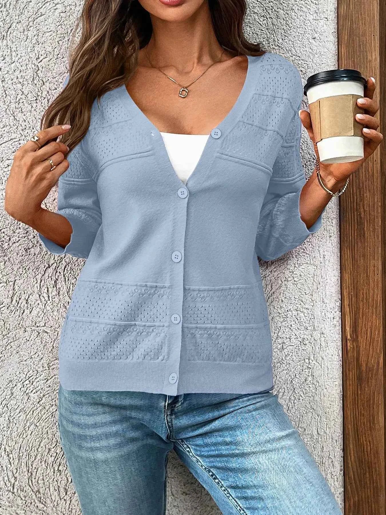 Textured Button-Front Cardigan with 3/4 Sleeves 19132d35-54e8-4aff-a168-fa4114b99d90-Max-Origin