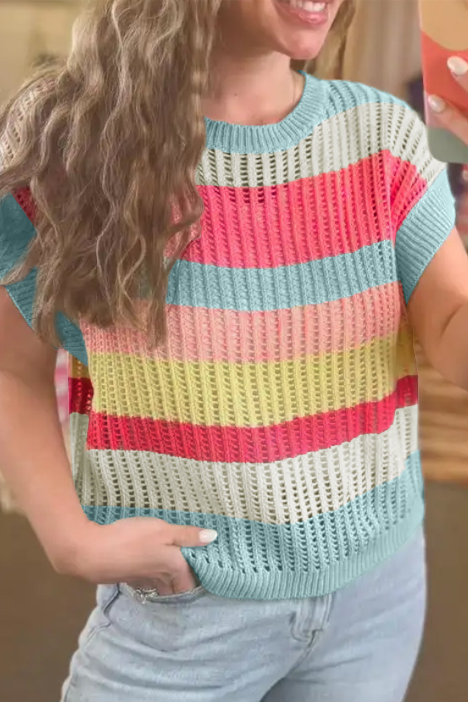 Green Stripe Color Block Hollow Out Knit Short Sleeve Sweater 19138a3068b44103