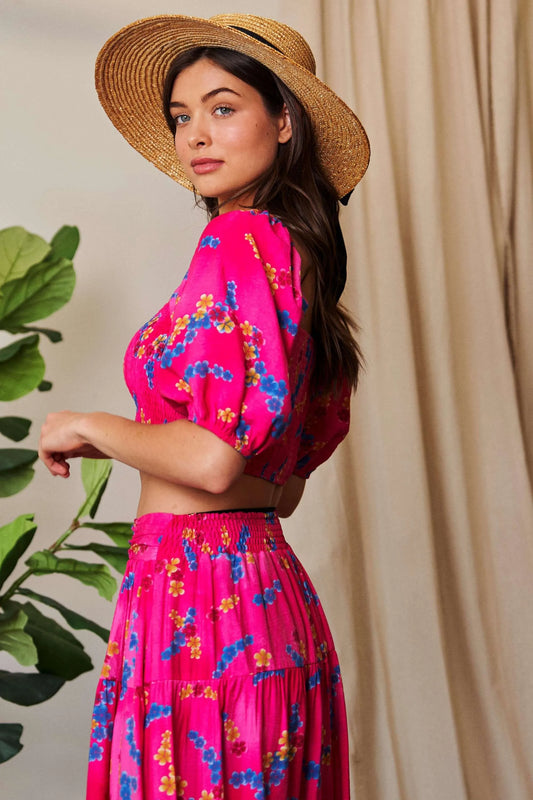 Smocing Bodice Puff Short Sleeve Printed Crop Top 19182eca27944f6ab777903b02d61687-Max-Origin