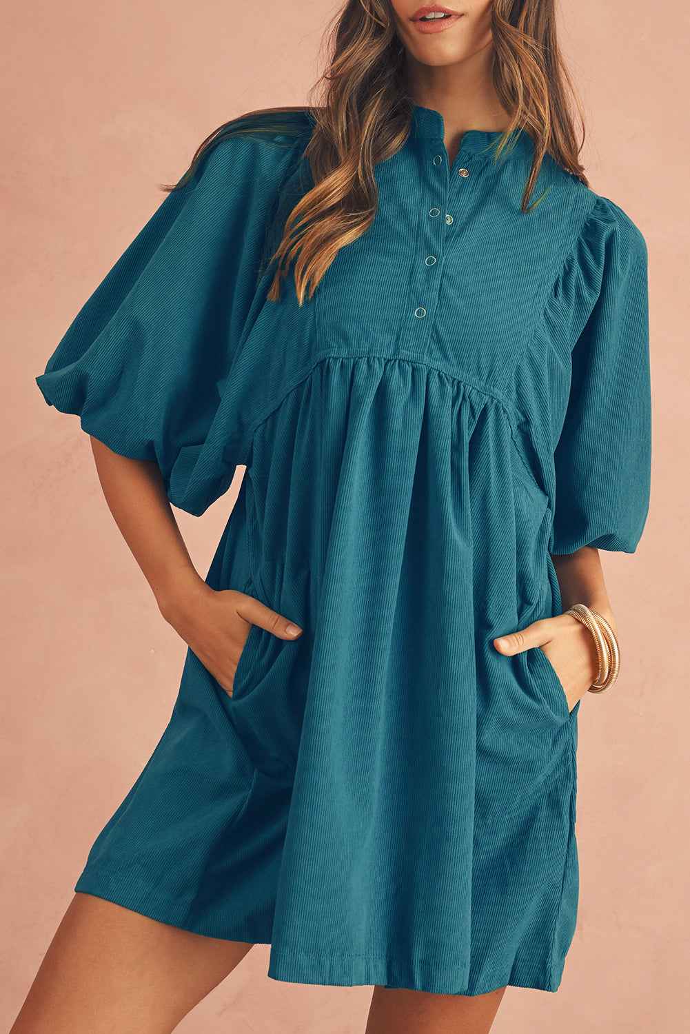 Gold Flame Light Snap Button Empire Waist Lantern Sleeve Corduroy Dress Light Blue 100%Polyester 1919e442d372781b