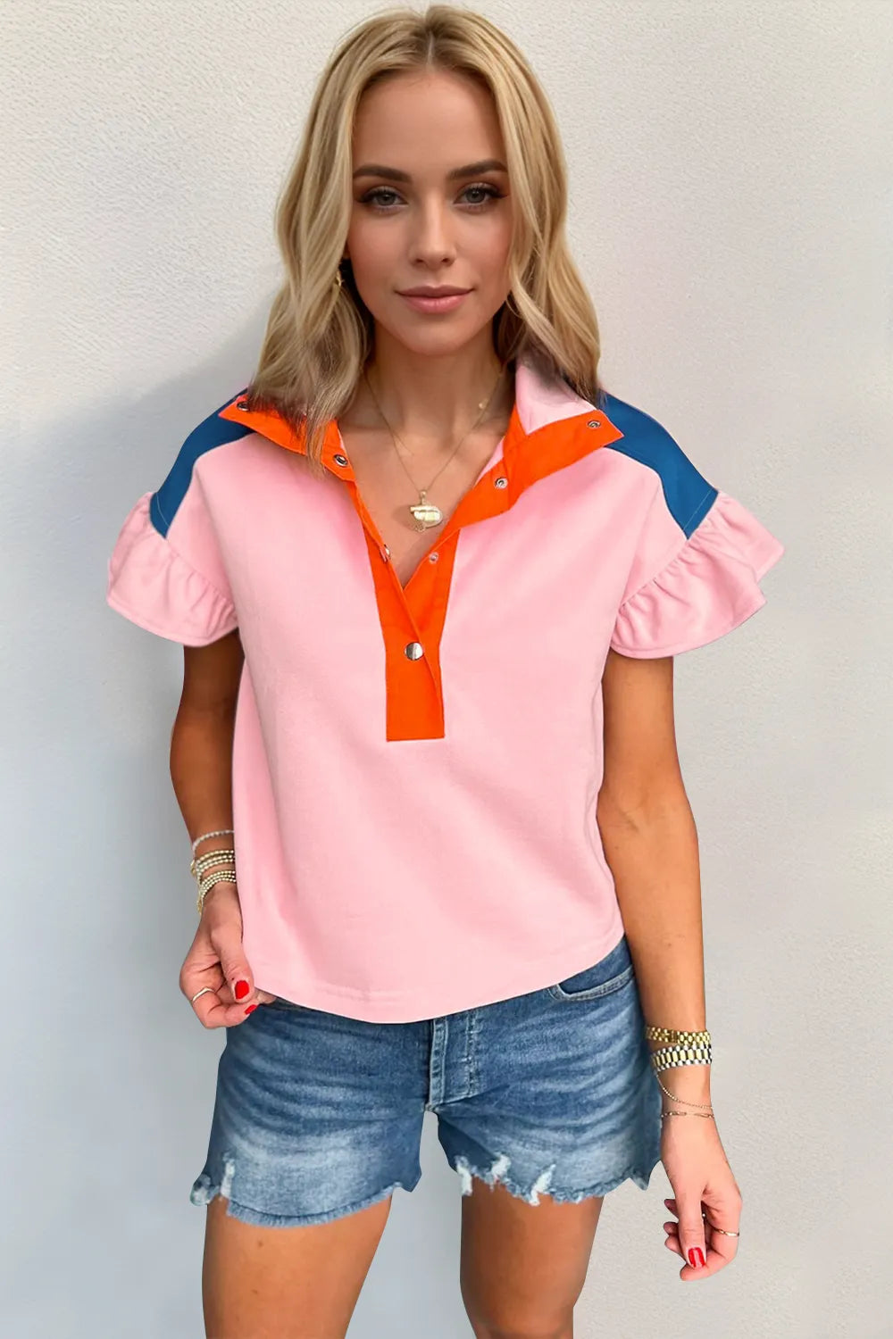 Oh Full Size Contrast Half Snap Short Sleeve Blouse Blush Pink 191bf643-8ef1-496b-aa68-81adefea71aa-Max