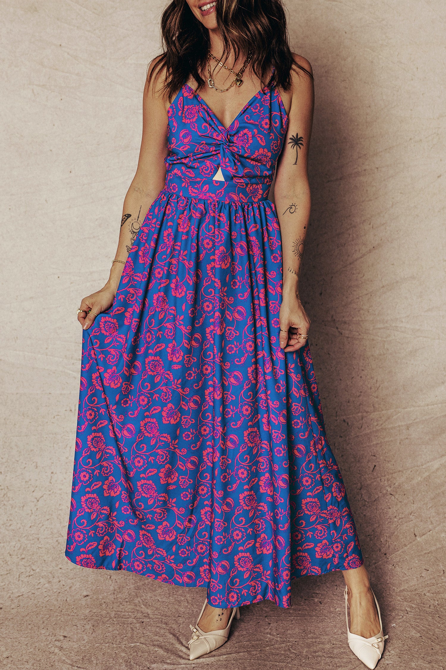 Blue Floral Print Twisted V Neck Tied Backless Maxi Dress 191c0a01a33a9579