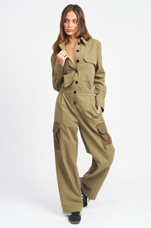 Botton down cargo jumpsuit OLIVE 19228624_7da53b34-12b0-4a81-ba77-900038445262