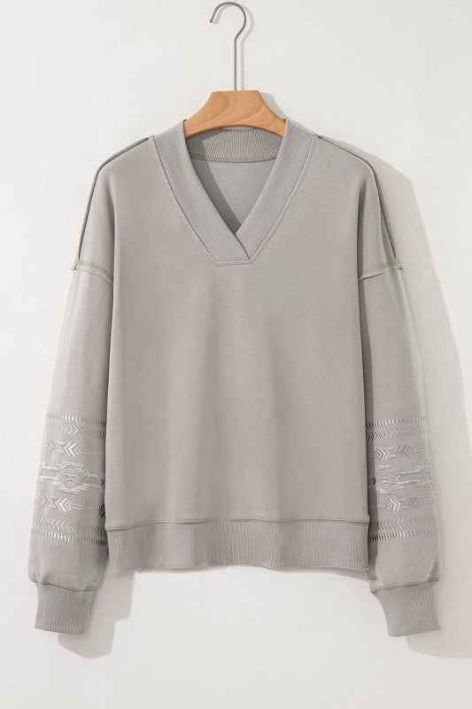 Western Aztec Embroidered Sleeve V-Neck Sweatshirt Parchment 19246f1e-f72e-4eb1-ac32-be029026f7f3