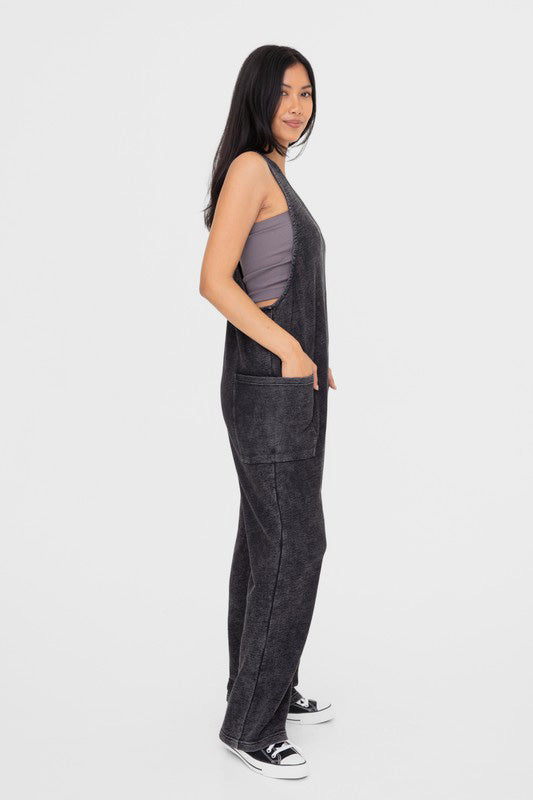 Mono B Mineral-Washed V Neck Overalls with Pockets