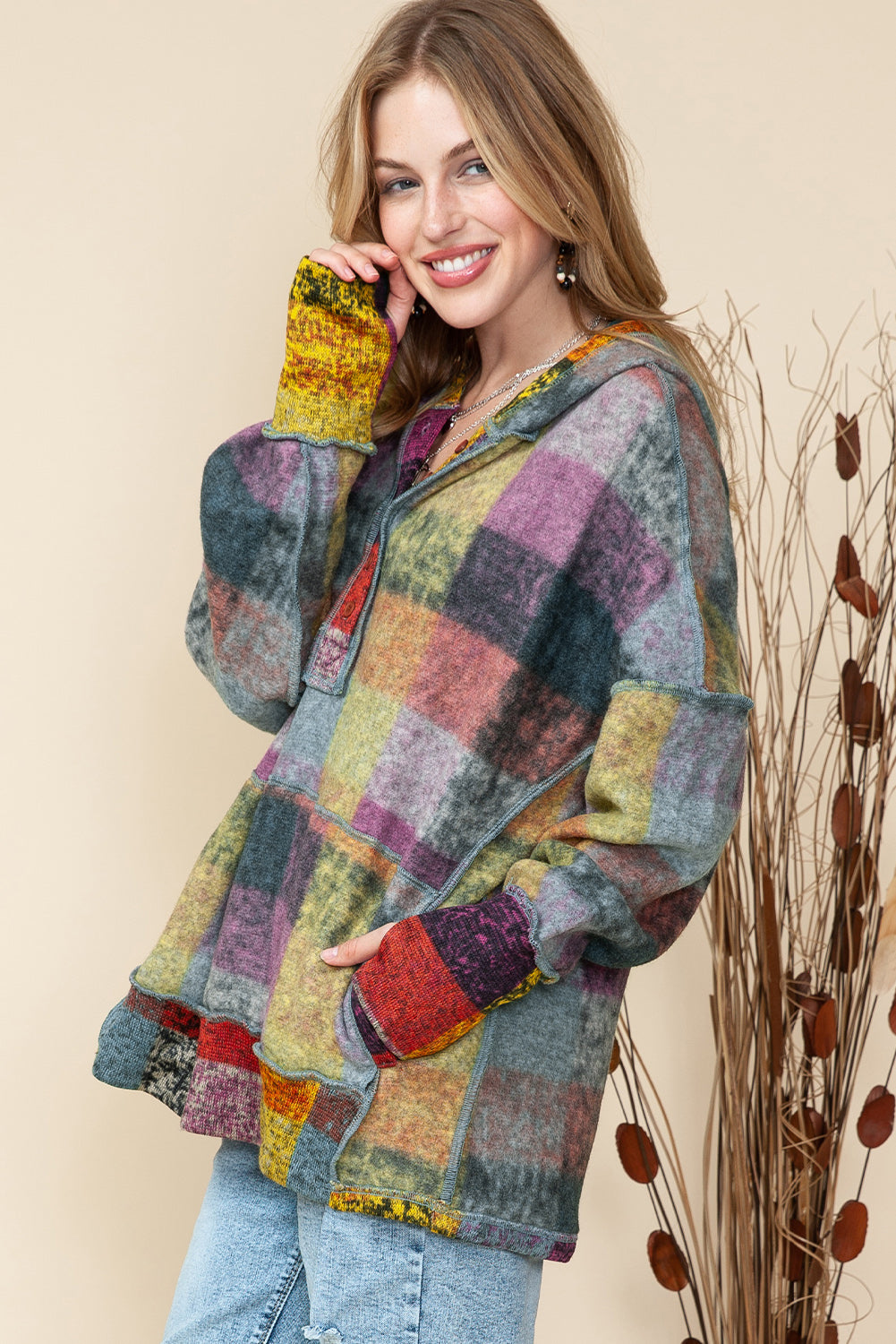Multicolor Brushed Check Kangaroo Pocket Thumbholes Henley Hoodie 1927fd88479e5322