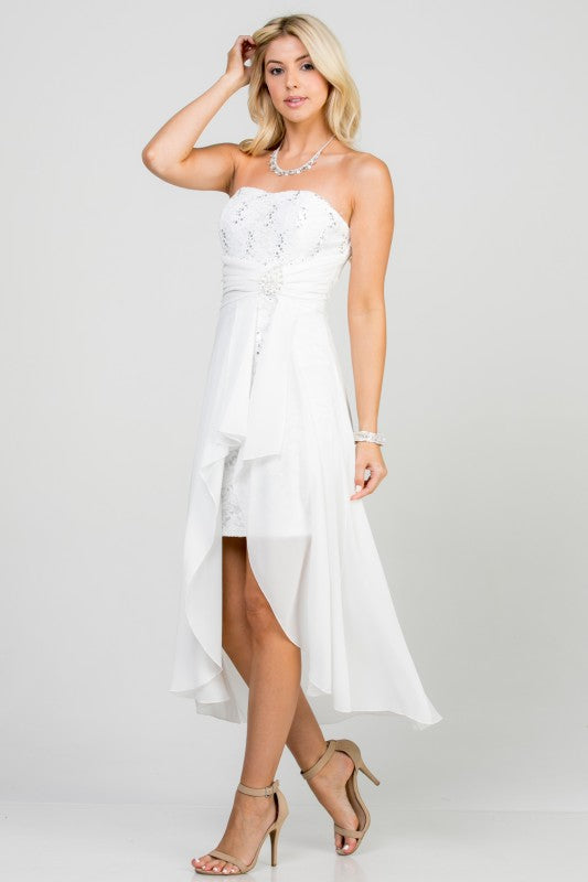 Women’s Strapless Chiffon High-Low Dress – Lace Bodice Open Back Cocktail Dress Off White 192b9a66-11a5-4e42-bf28-6a603bf356ac