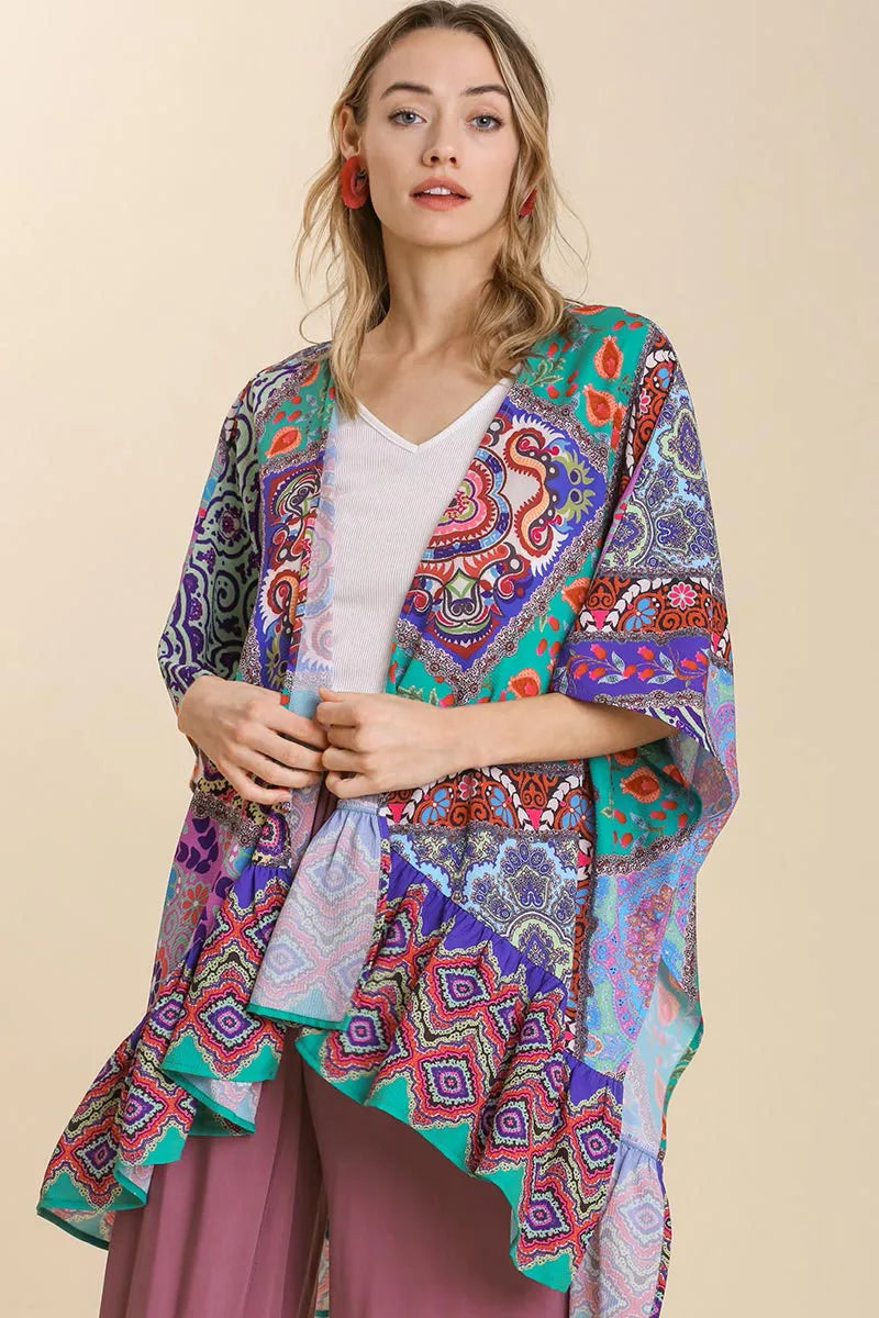 Umgee Full Size Mixed Print Ruffle Hem Open Front Cover Up Plus Size Turquoise 1931faea-0235-4573-b3e2-77eea6c15627-Max