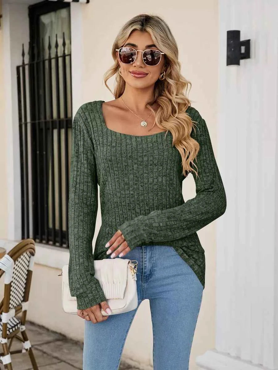 Ribbed Square Neck Long Sleeve T-Shirt 1932e86a-8c33-4887-aeb2-69e0665446a3-Max-Origin