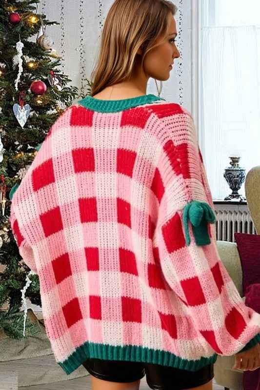 Plaid Bow Open Front Sweater Knit Cardigan 193441fa-4dd0-4401-8b88-541ad5dd46ee