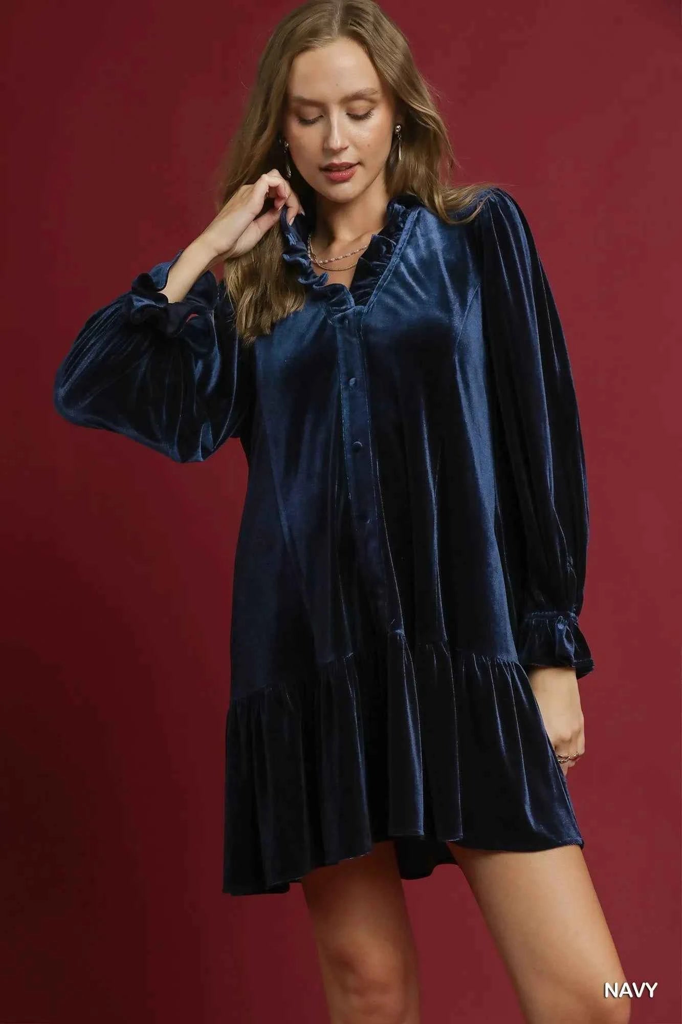 Umgee Velvet Ruffle Trim Mini Dress Navy 19344550-902d-4798-8f08-daeeb0b5f1bb-Max-Origin